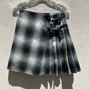 Prada blue and gray pleated plaid wool skirt